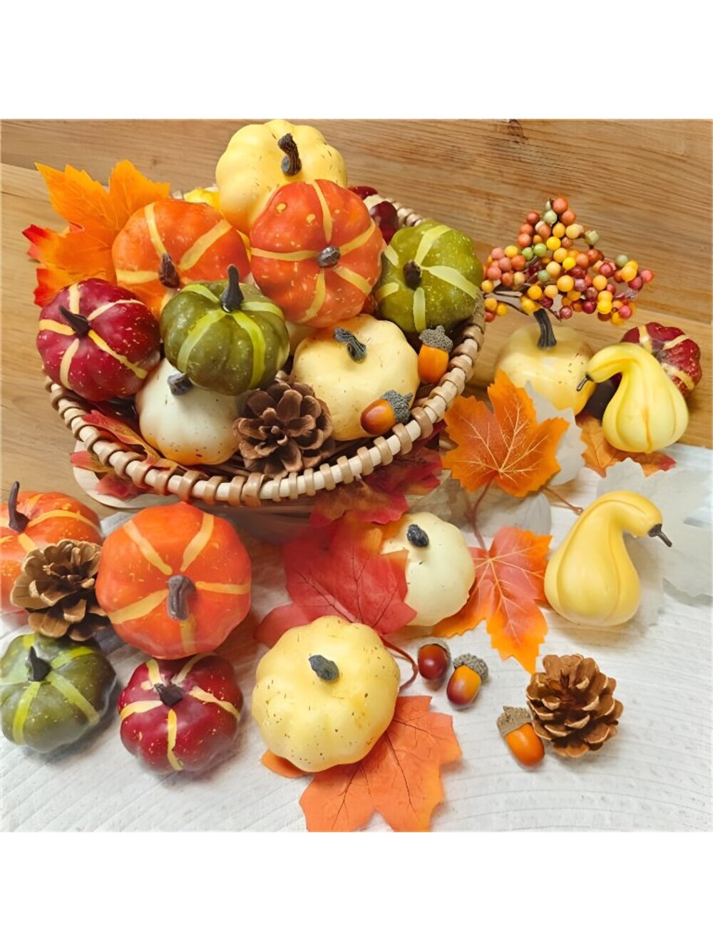 25Pcs Artificial Decor Set Assorted Fall Mini Pumpkin Decorations w Maple Leaves